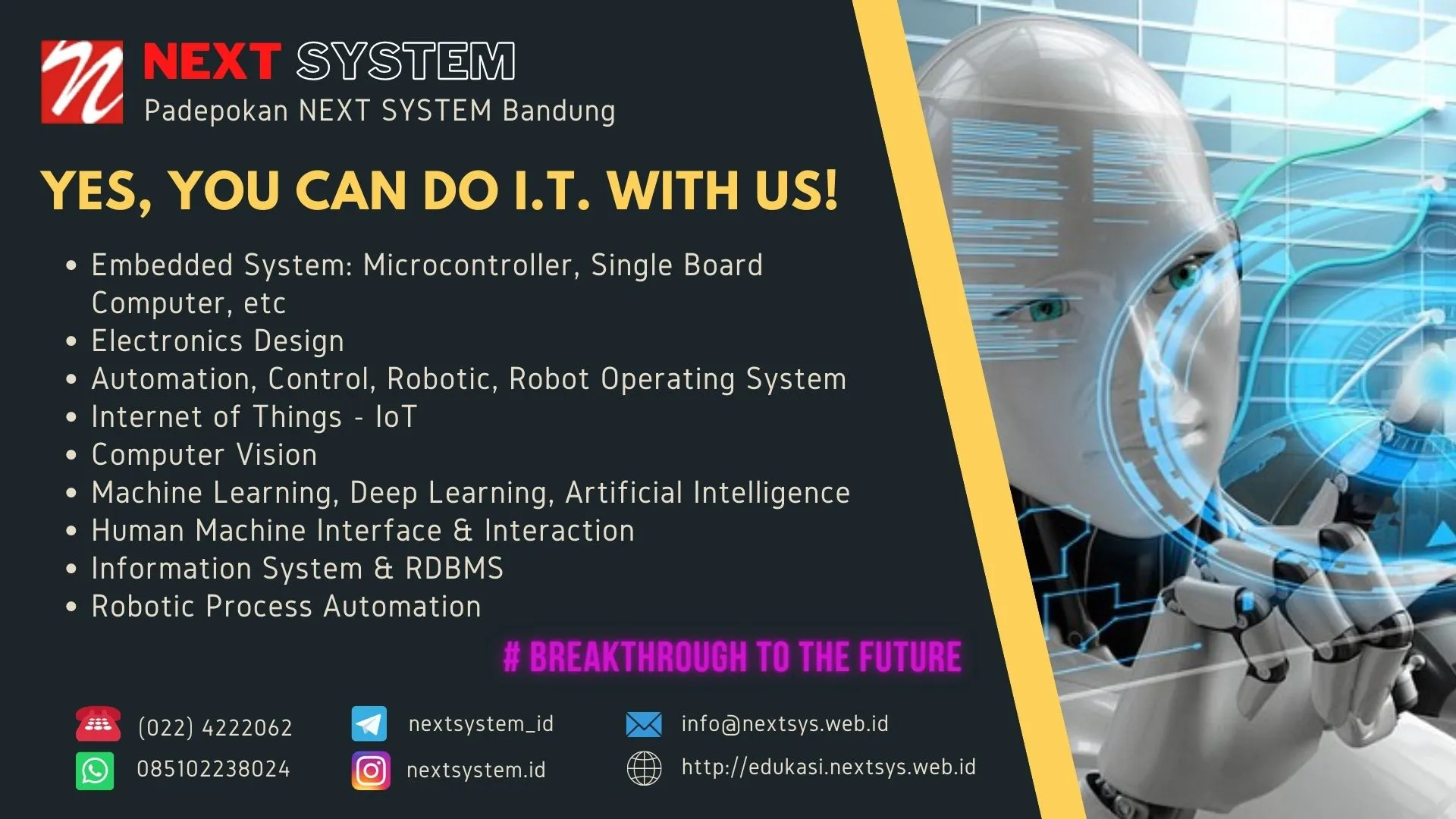 Banner informasi pelatihan IoT, mikrokontroler, dan robotik hands-on di NEXT SYSTEM Bandung